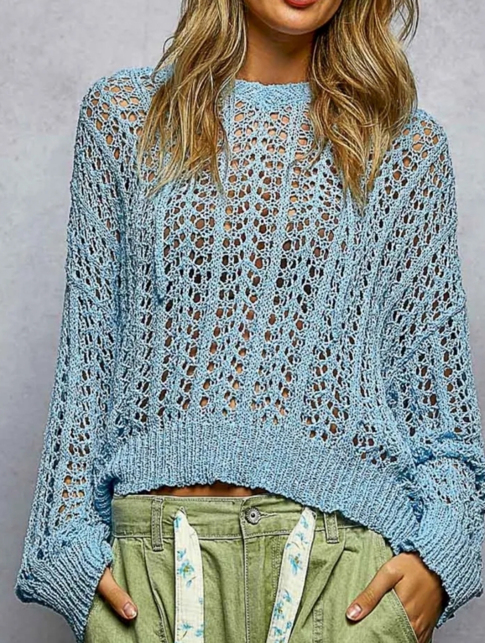 NS94.POL Light Blue Open-Knit Oversized Hooded Women's Sweater - Casual Crewneck